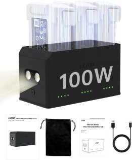 100W Mini 4 Pro/Mini 3 Series Battery Charging Hub: Fast Charge 3 DJI Drones Simultaneously with LED Lights and Alarm Mode